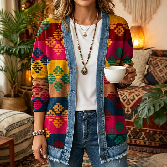 Bold Geometric Diamond Print 3D Digital Printing Denim Shirt