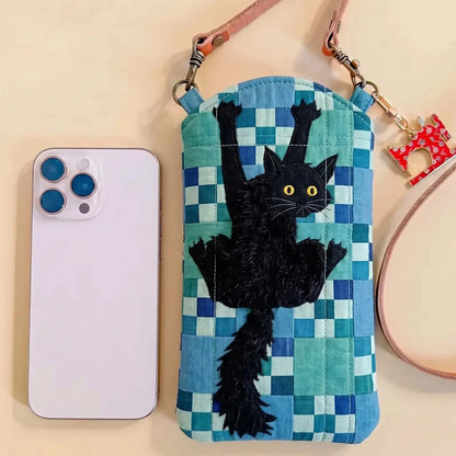 Black Cat Quilted Slim Phone Crossbody Bag
