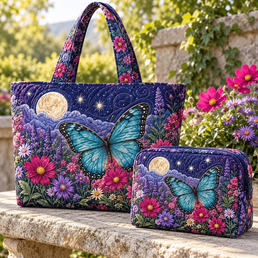 2pcs Boho Blue Moon Star Floral Quilted Tote Bag Set