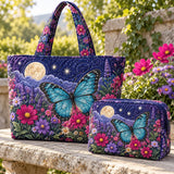 2pcs Boho Blue Moon Star Floral Quilted Tote Bag Set