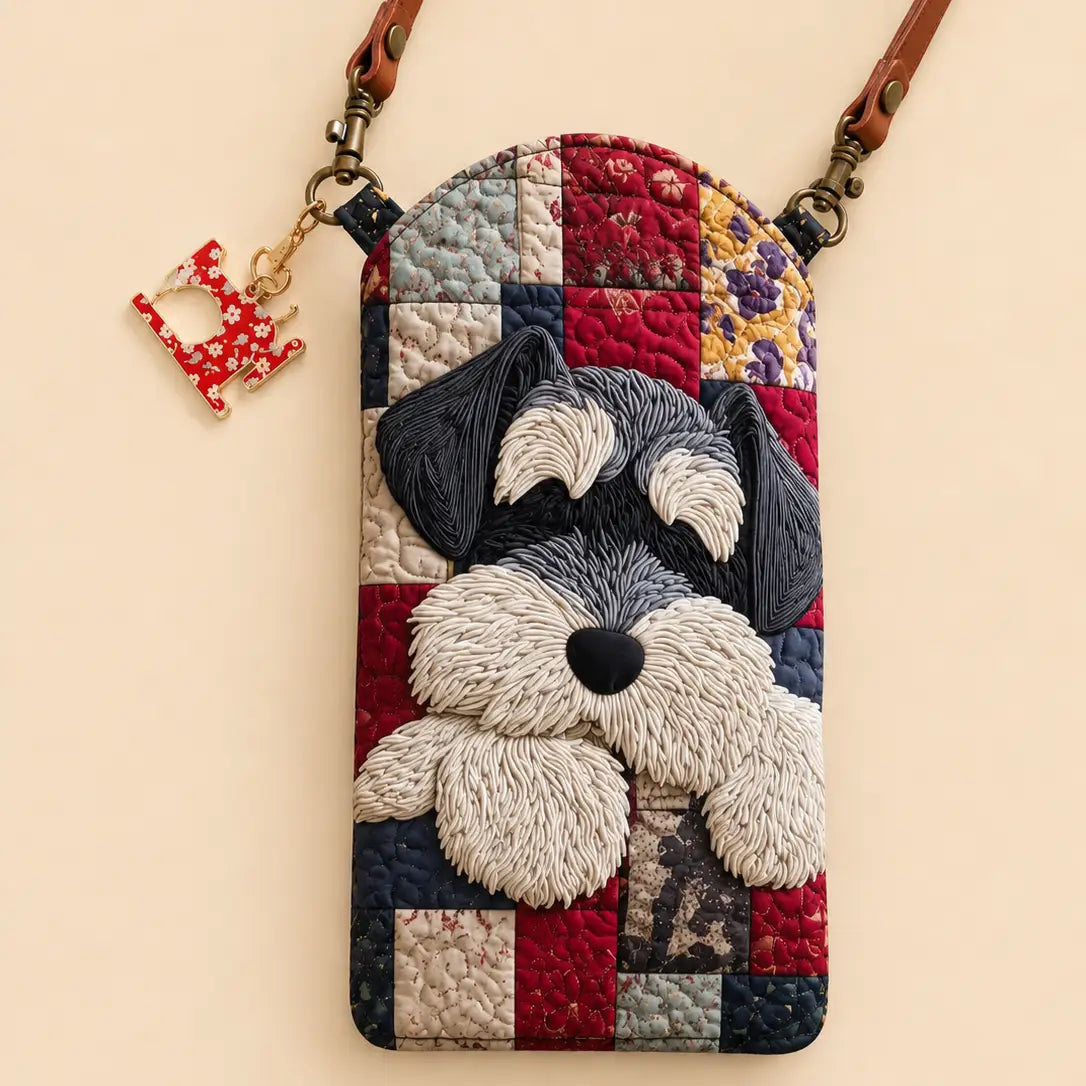 Patchwork Schnauzer Dog Quilted Slim Phone Crossbody Bag