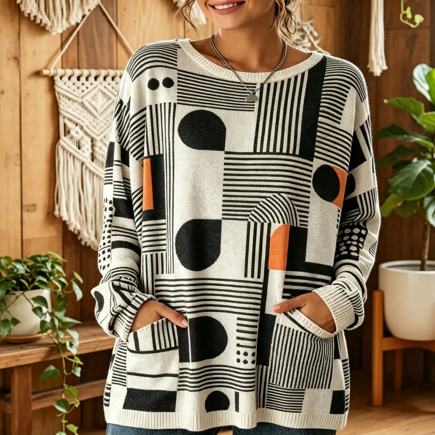Abstract Stripe & Circle Colorful 3D-Print Pocket Sweatshirt