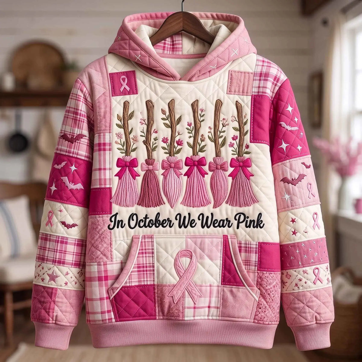 Pink Broomstick Breast Cancer Quilted Casual Hoodie