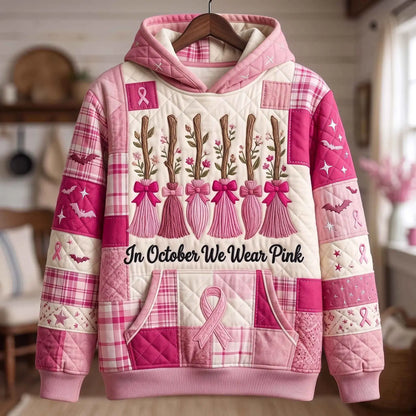 Pink Broomstick Breast Cancer Quilted Casual Hoodie