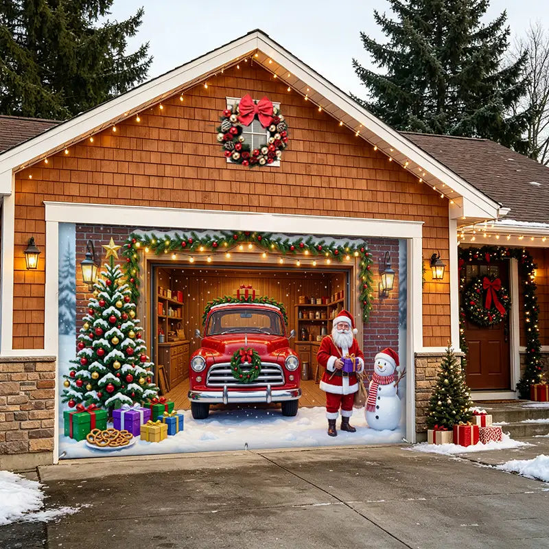 Red Truck Santa Snowman Garage Door Banner Decoration