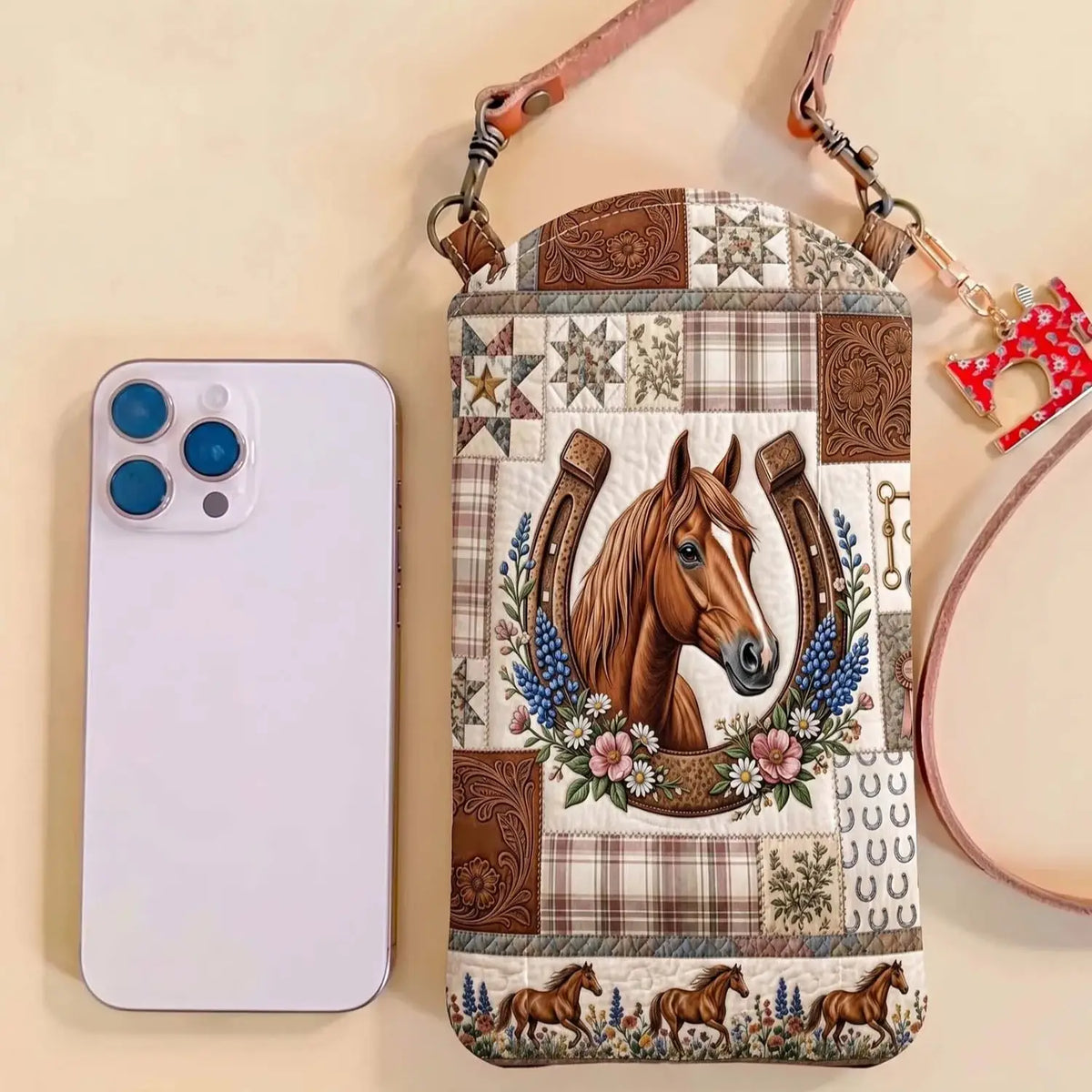 Horseshoe And Floral Wreath Quilted Slim Phone Crossbody Bag