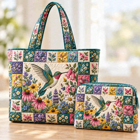 2pcs Colorful Hummingbird Quilted Tote Bag Set