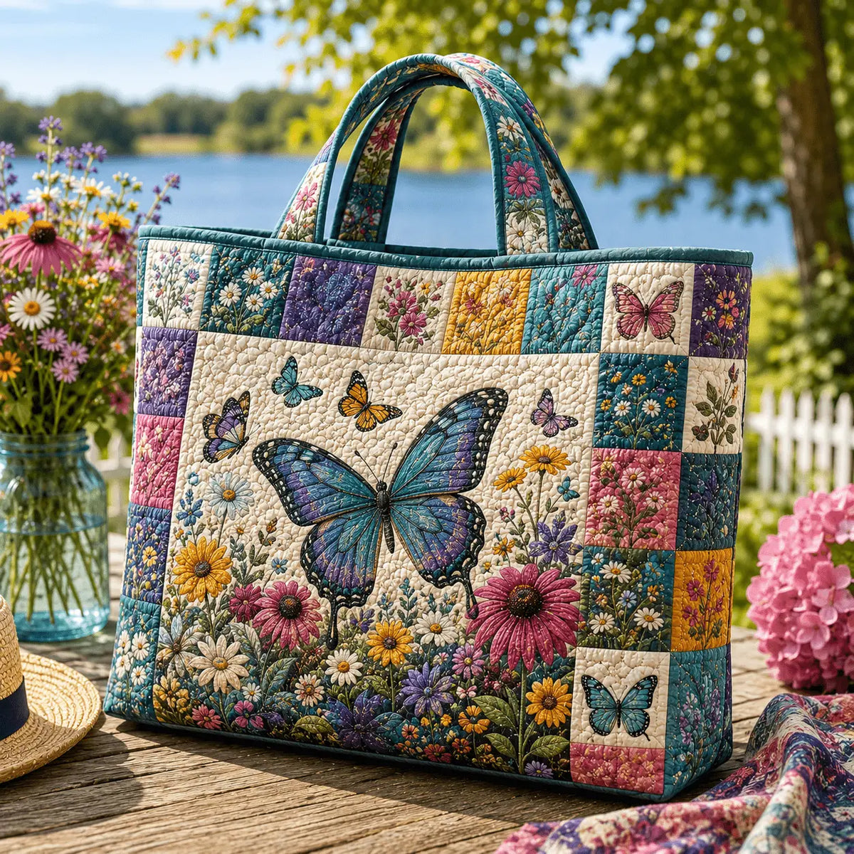 Colorful Butterfly & Wildflower Handmade Tote Bag