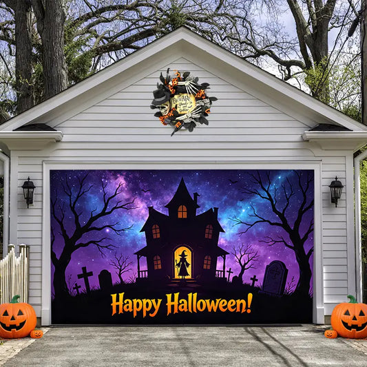 Haunted House Witch Happy Halloween Garage Door Banner Decoration