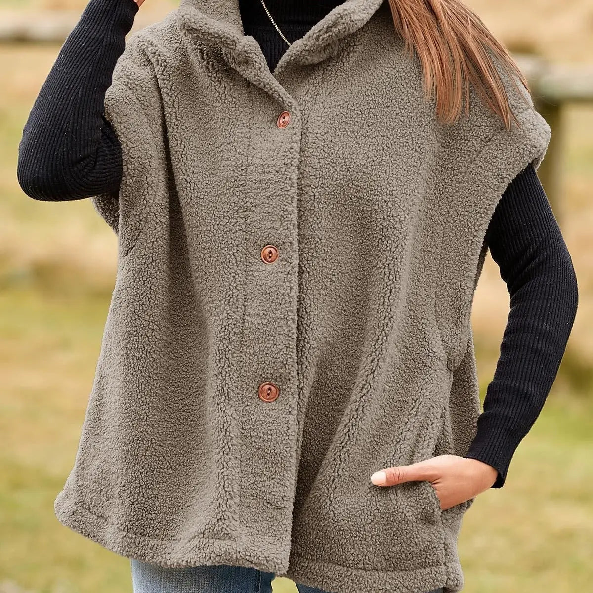 Womens Warm Button Down Sherpa Fleece-Look Vest