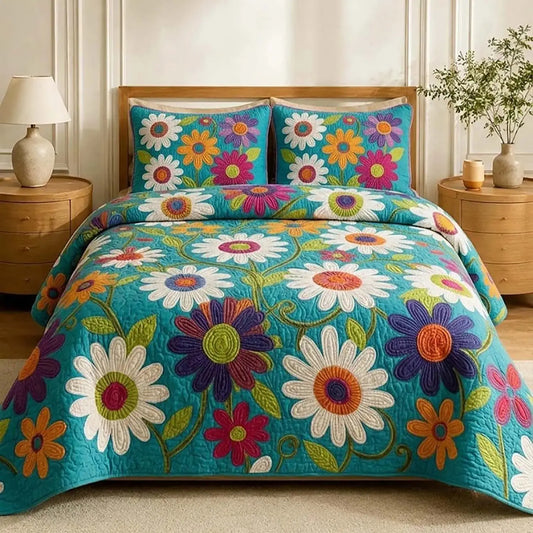 Turquoise Base Colorful Daisy Quilted Bedding Set