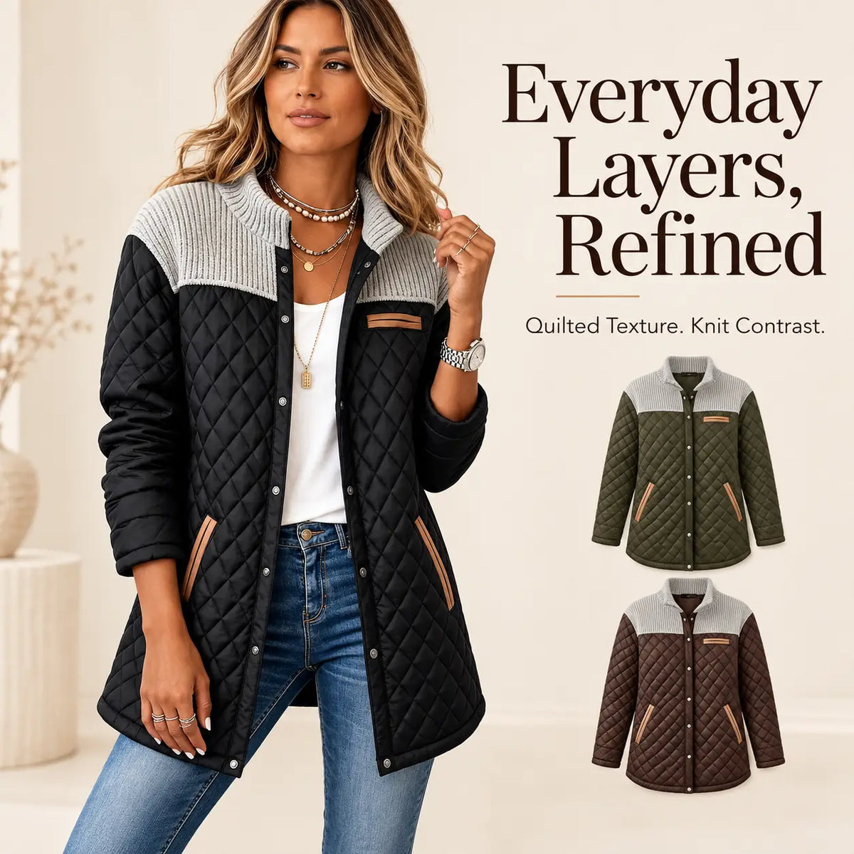 Women's Casual Color Blocked Cotton Padded Jacket