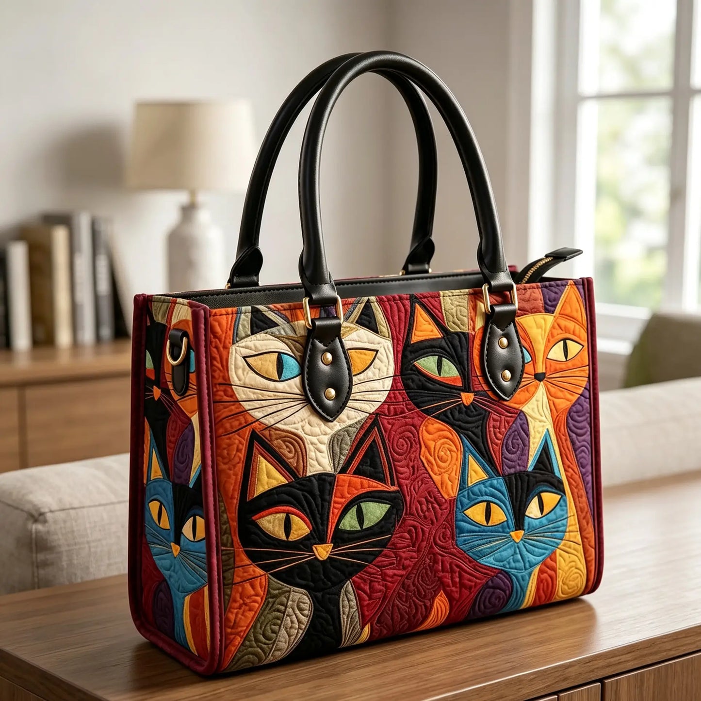 Colorful Cat Quilted Leather Strap Bible Handbag