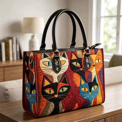 Colorful Cat Quilted Leather Strap Bible Handbag