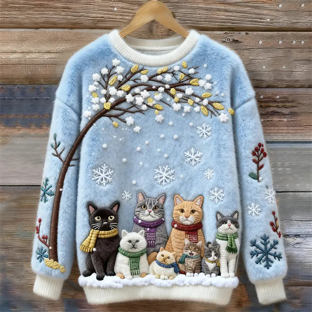 Winter Scarf Cats Family Cozy Plush Sweatshirt