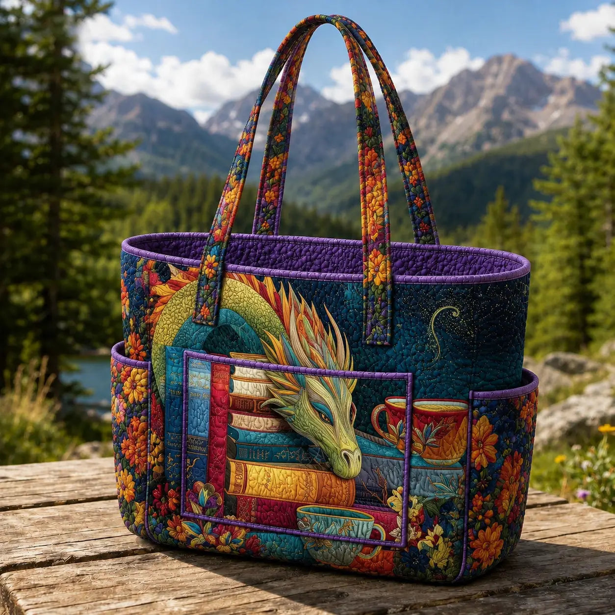 Magical Dragon & Vintage Books Multiple Pockets Quilted Tote Bag