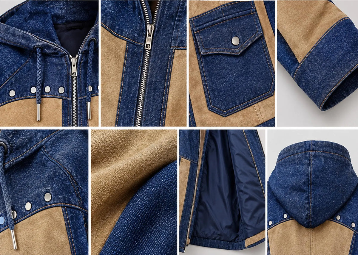 Women's Denim Jackets Long Hooded Patchwork Zip Up Jacket