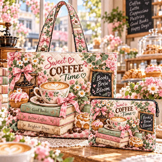 2pcs Pink Coffee Cup Books Quilted Tote Bag Set