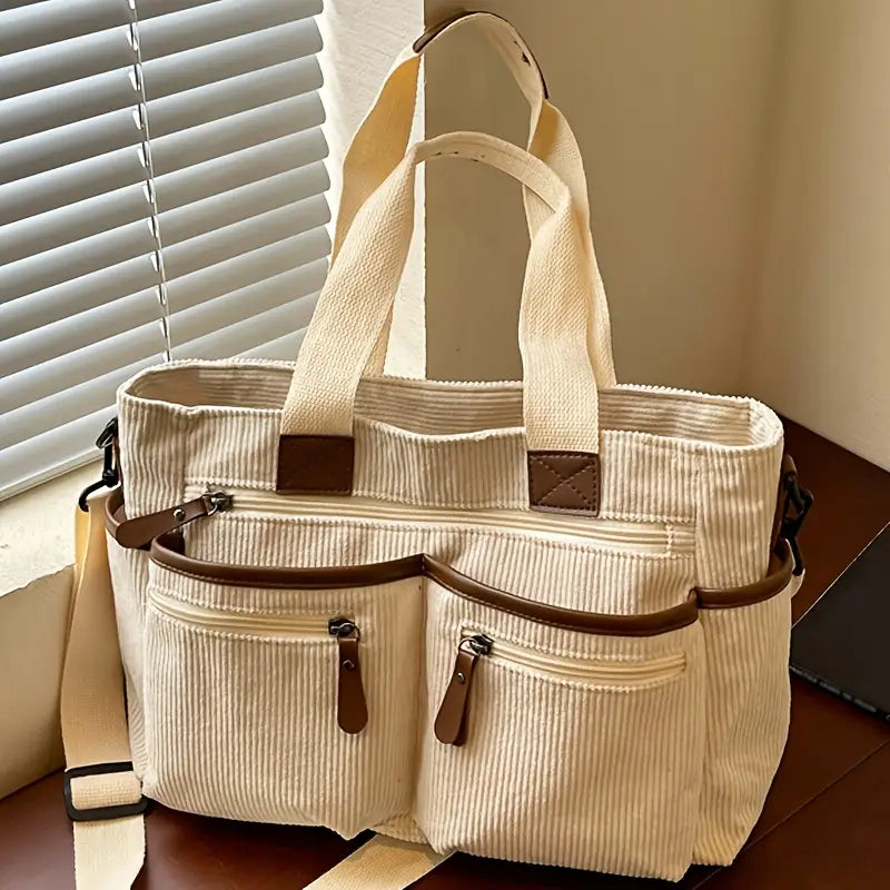Corduroy Multi-Pocket Convertible Tote Bag