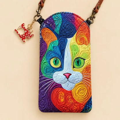 Rainbow Patchwork Cat Quilted Slim Phone Crossbody Bag