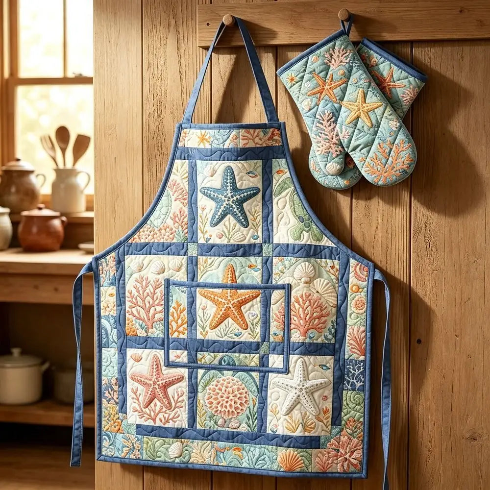 Starfish Quilted Apron Set (2-Piece) – Padded Apron + Heat-Resistant Oven Mitts