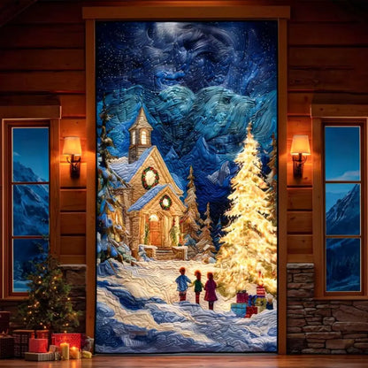 Starry Night Winter Church Quilted Door Cover