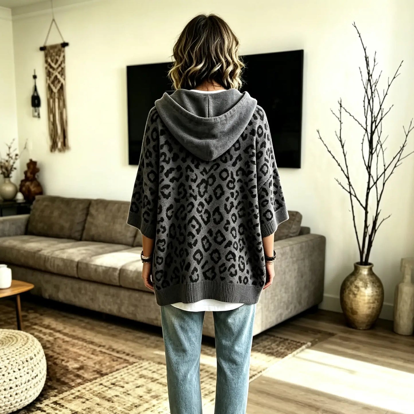 Comfortable And Casual Leopard-print Knitted Hoodie