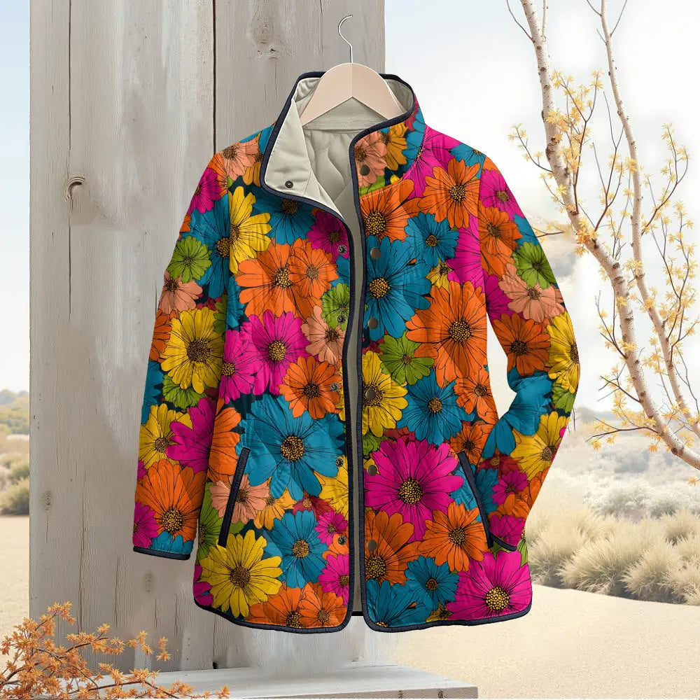 Bright Multicolor Daisy Print Quilted Jacket