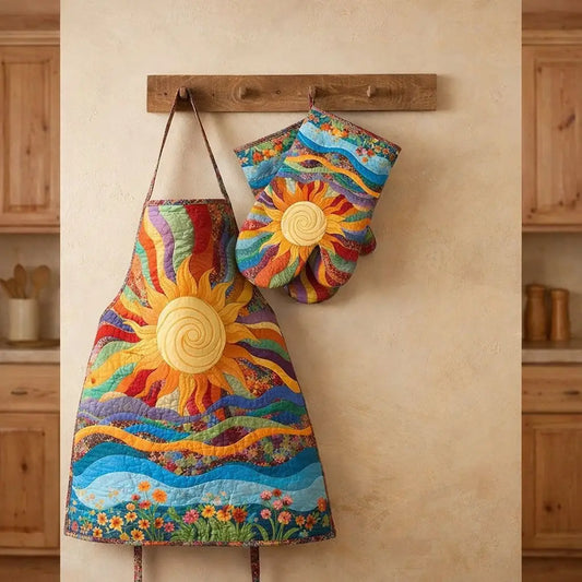 Sun Rainbow Wave Quilted Apron Set (2-Piece) – Padded Apron + Heat-Resistant Oven Mitts