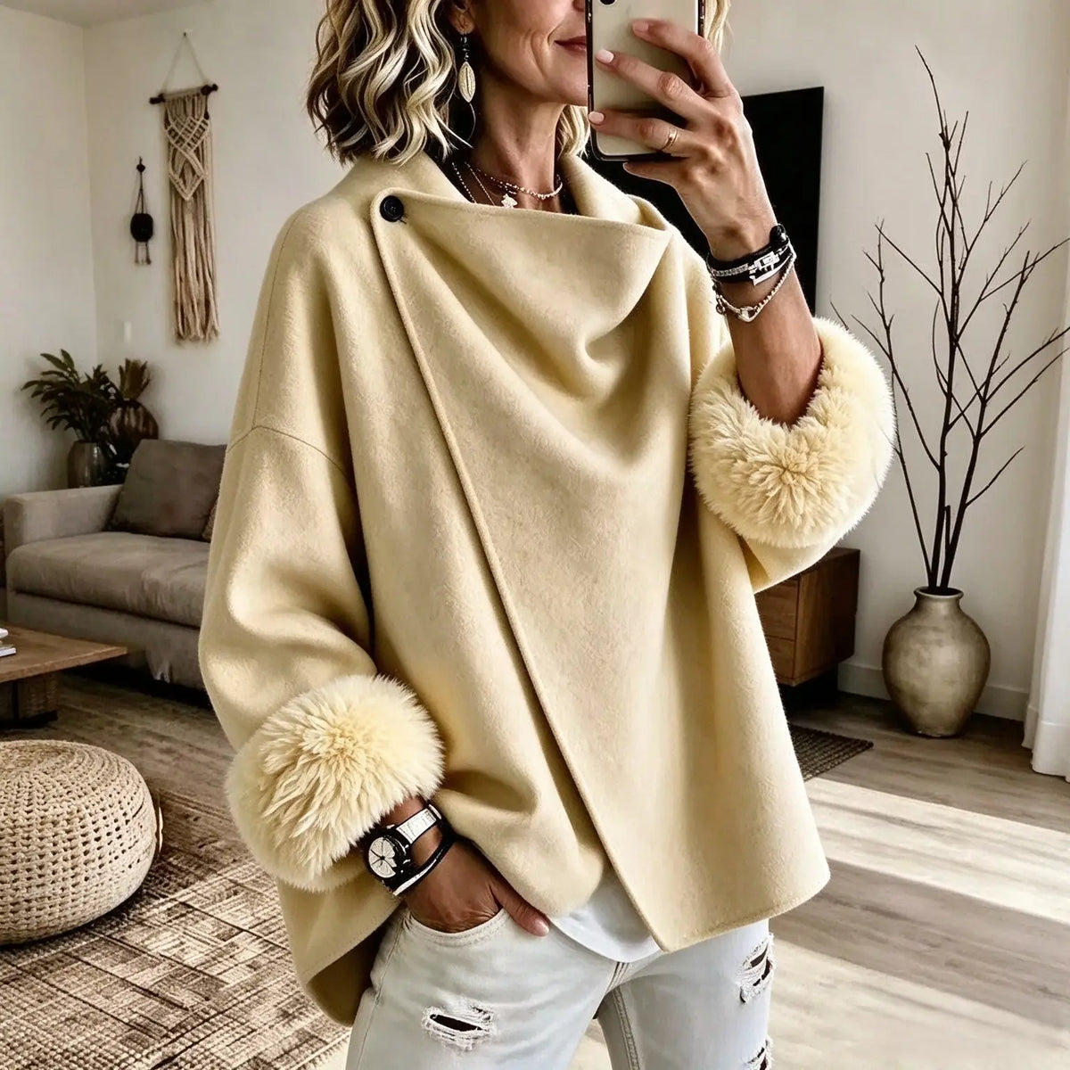 Wool-blend Jacket with An Asymmetric Faux-fur Cuff