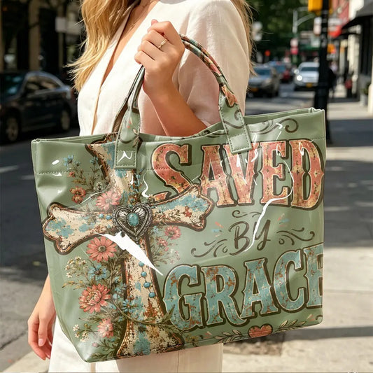 Saved by Grace Cross Floral Print PVC Tote Bag