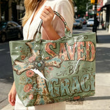 Saved by Grace Cross Floral Print PVC Tote Bag