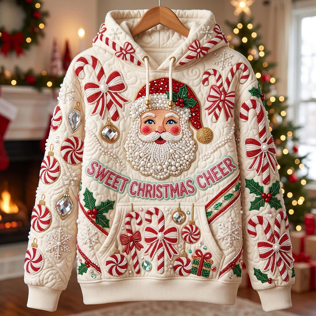Beaded Santa Sweet Christmas Cheer Quilted Casual Hoodie