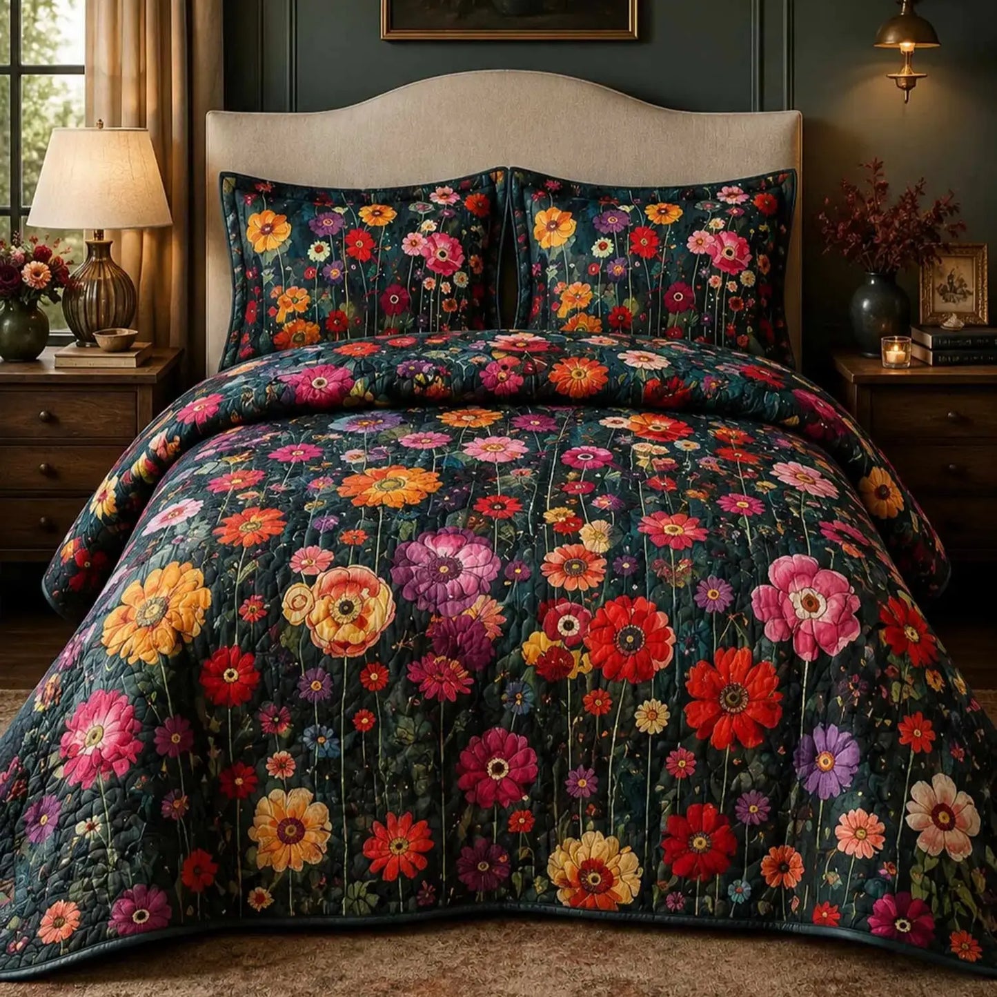 Dark Vintage Wildflower Garden Quilted Bedding Set