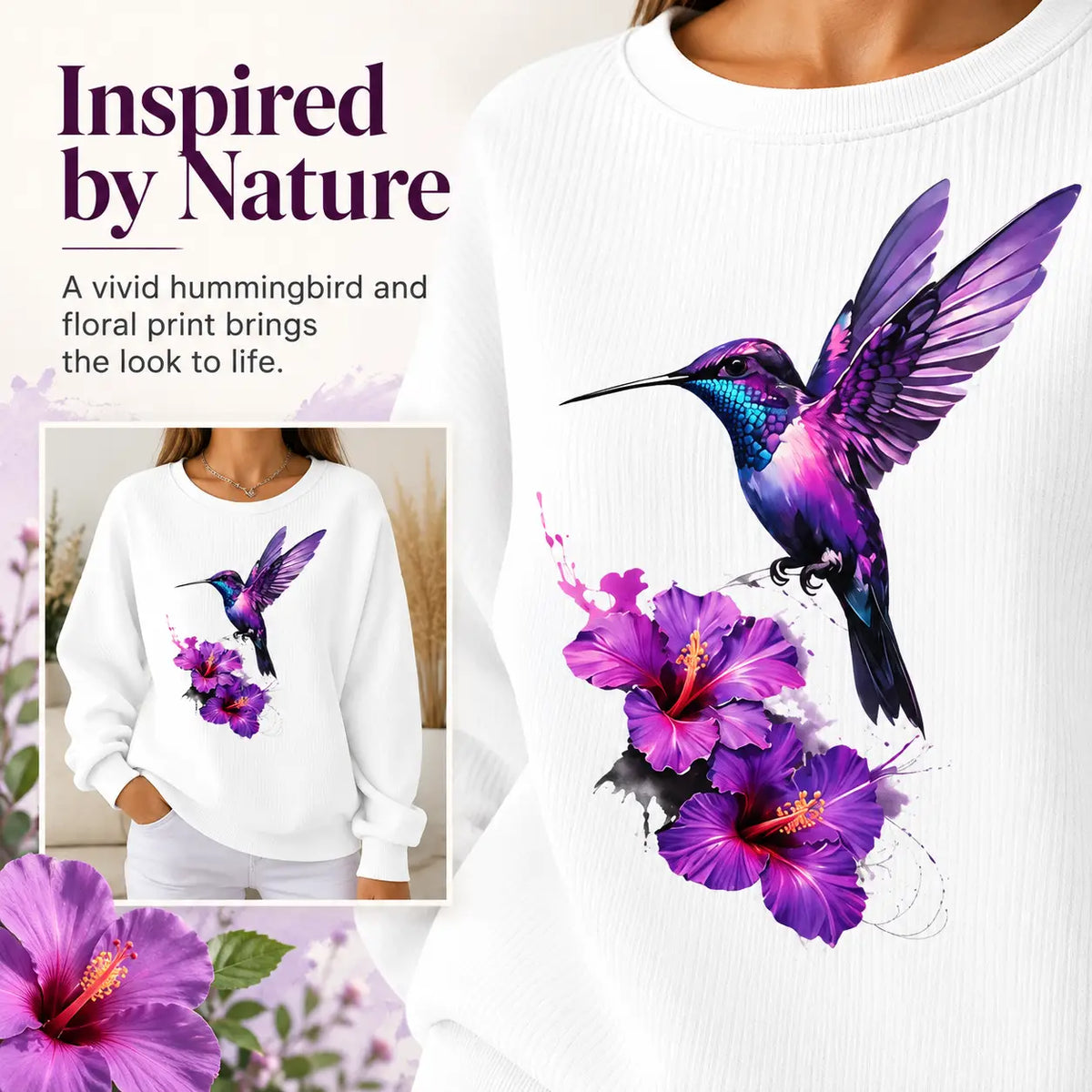 Women's Hummingbird Flower Art Print Casual Sweatshirt