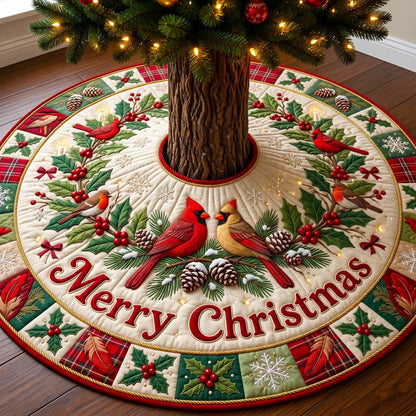 Merry Christmas Cardinal Quilted Tree Skirt