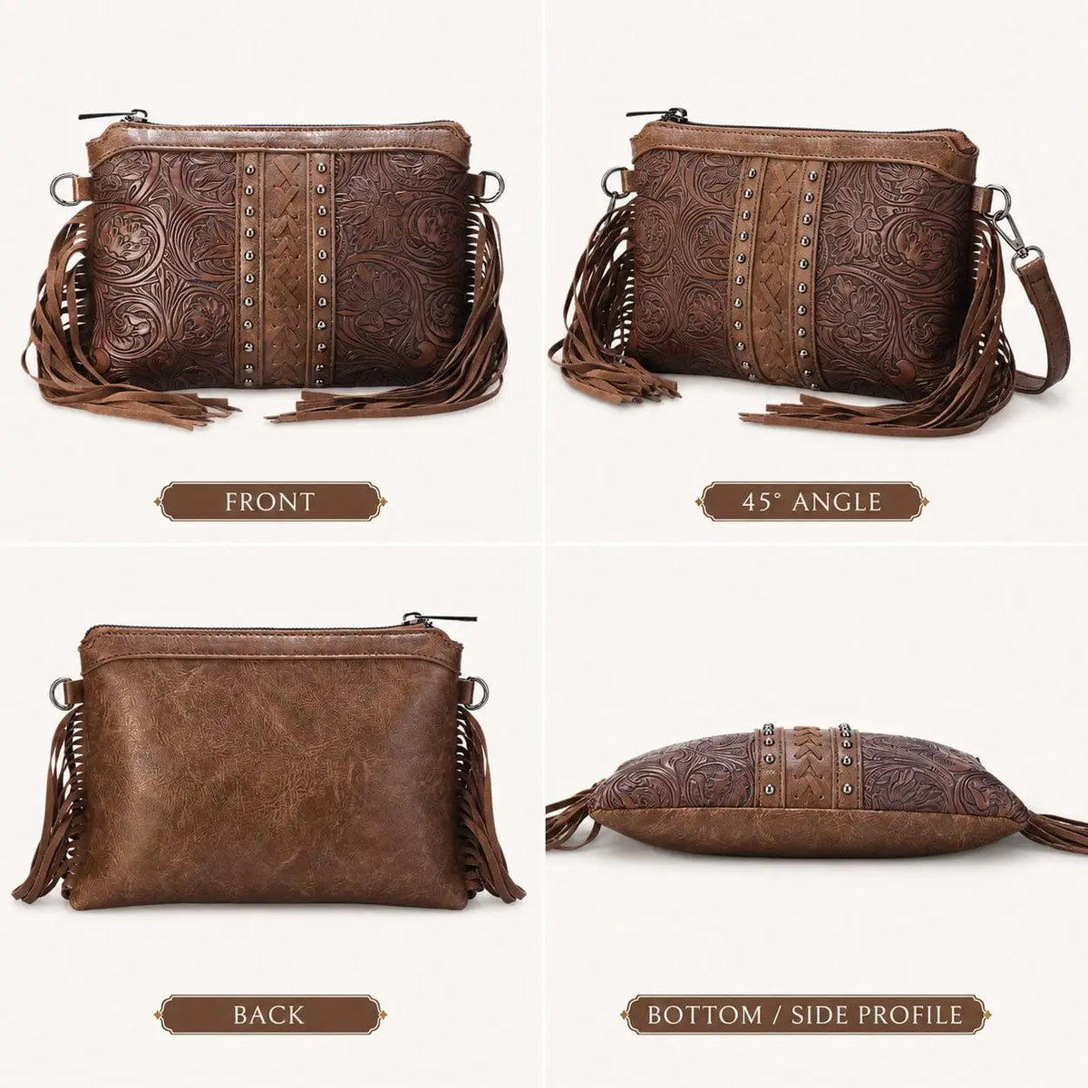 Bohemian PU Crossbody Bag with Western Fringe Tassels & Zipper Closure