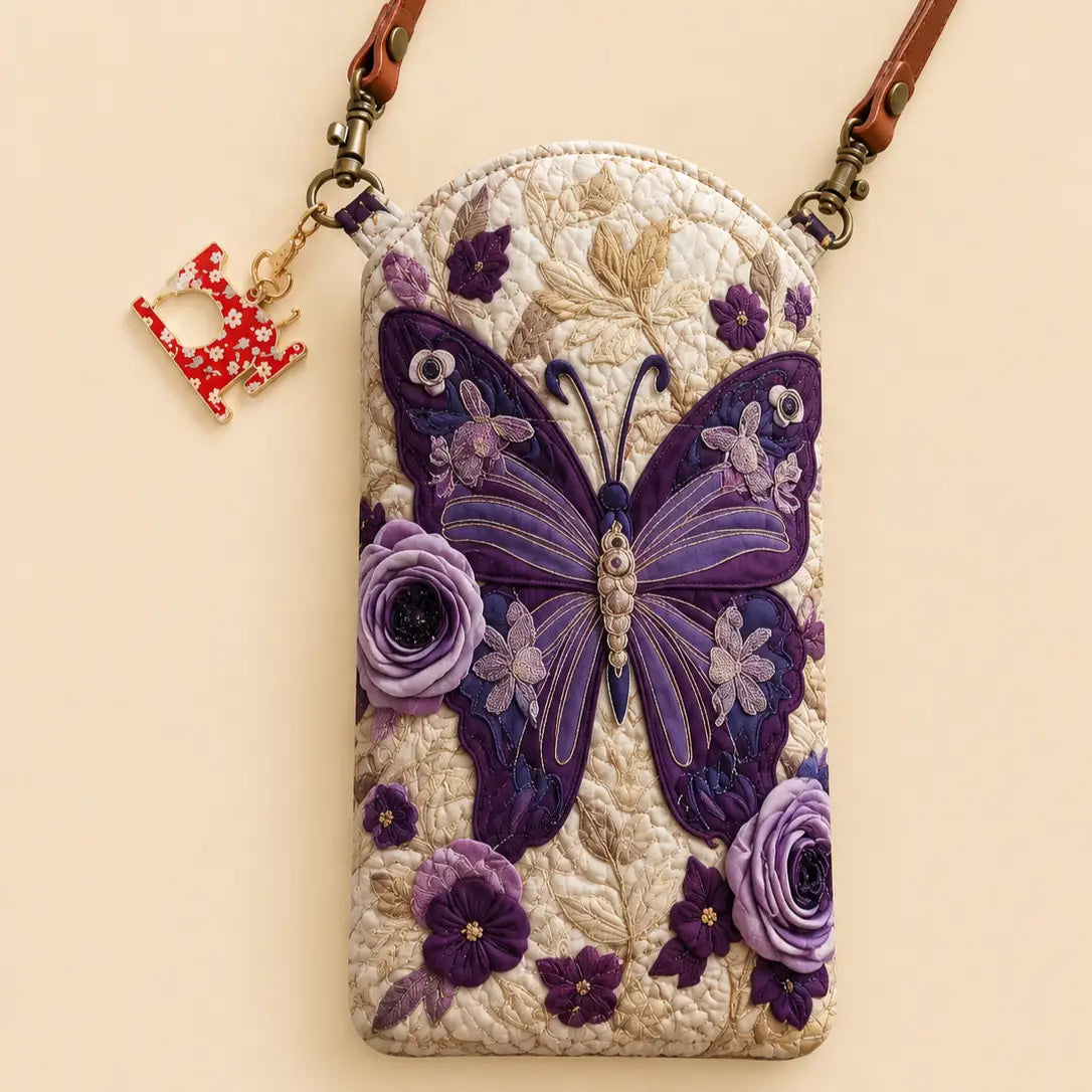Purple Butterfly & Rose Flower Quilted Slim Phone Crossbody Bag