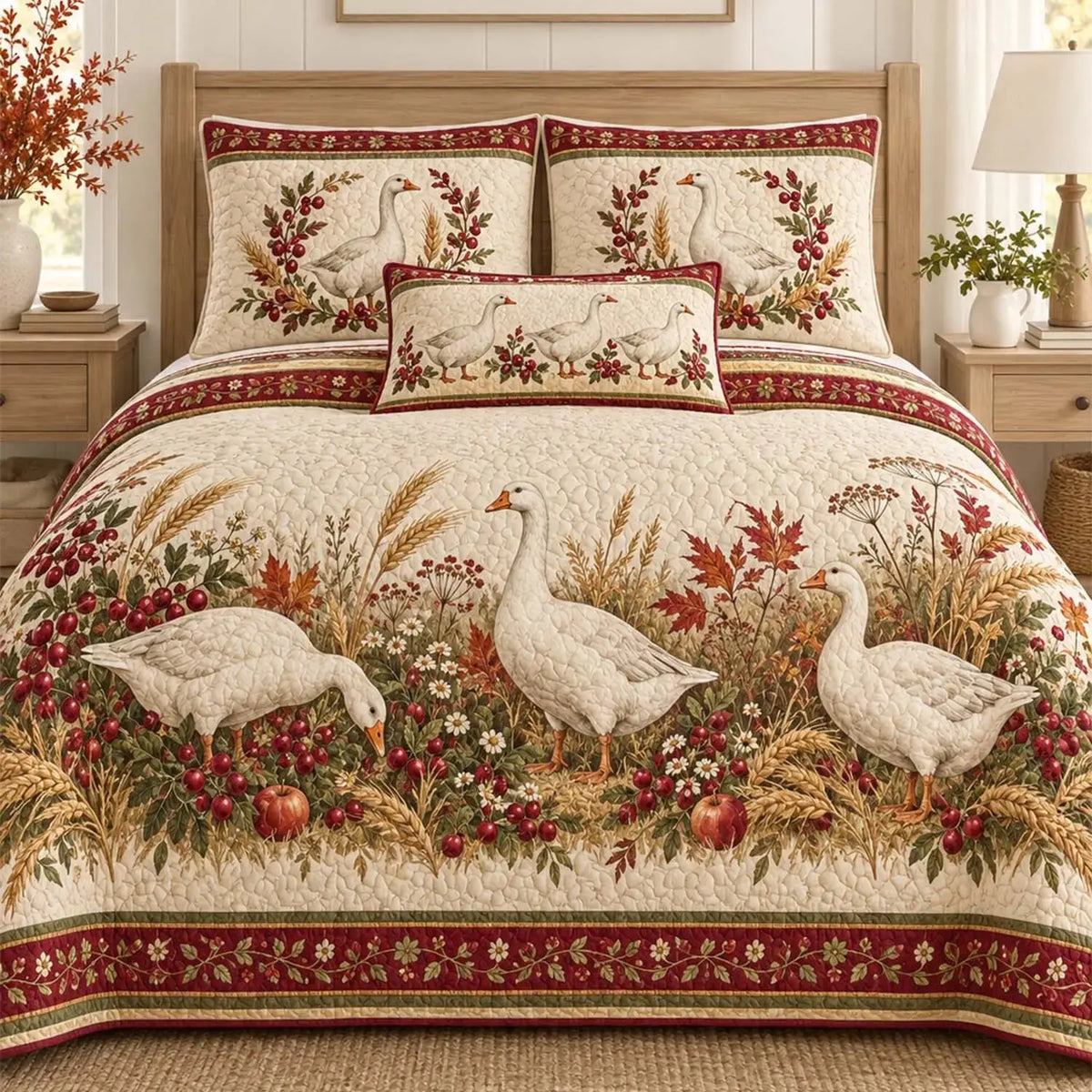 Farmhouse White Goose Berry Wheat Apple Fall Quilted Bedding Set