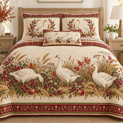 Farmhouse White Goose Berry Wheat Apple Fall Quilted Bedding Set