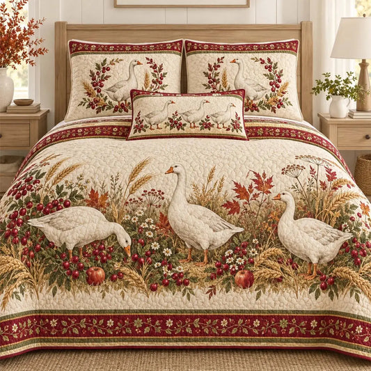 Farmhouse White Goose Berry Wheat Apple Fall Quilted Bedding Set