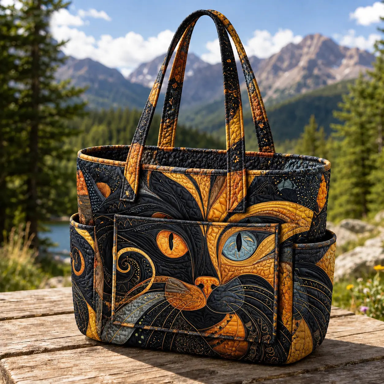 Artistic Cat Face Multiple Pockets Quilted Tote Bag