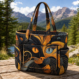 Artistic Cat Face Multiple Pockets Quilted Tote Bag