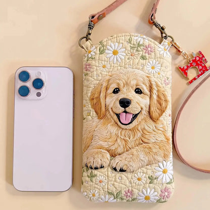 Flowers And A Golden Retriever Quilted Slim Phone Crossbody Bag