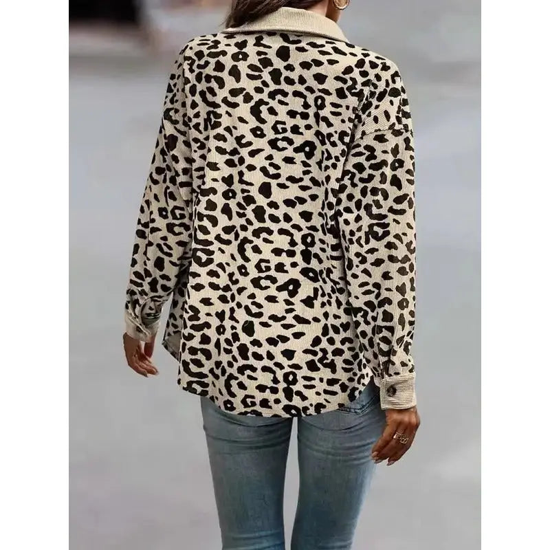 Contrast Rib Collar Leopard Print Corduroy Long Sleeve Shirt Jacket