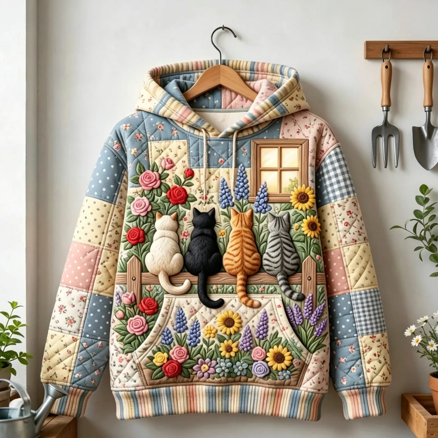 Floral Felines  Quilted Casual Regular Fit Long Sleeve Hoodie Sweatshirt