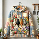 Floral Felines  Quilted Casual Regular Fit Long Sleeve Hoodie Sweatshirt