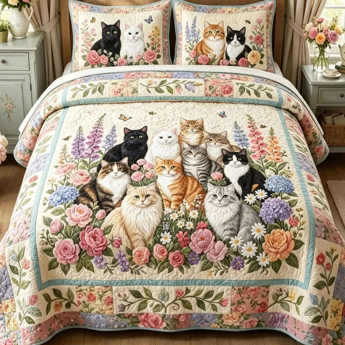 Garden Cat Gathering Quilted Bedding Set