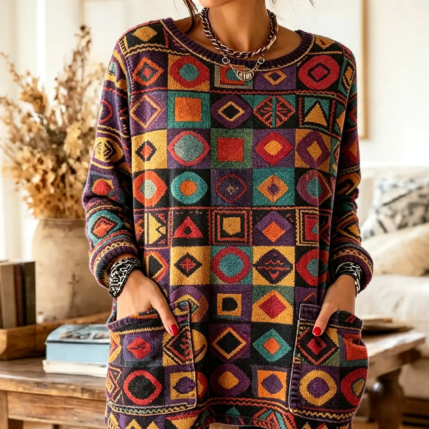 Ethnic Geometric Colorful 3D-Print Pocket Sweatshirt