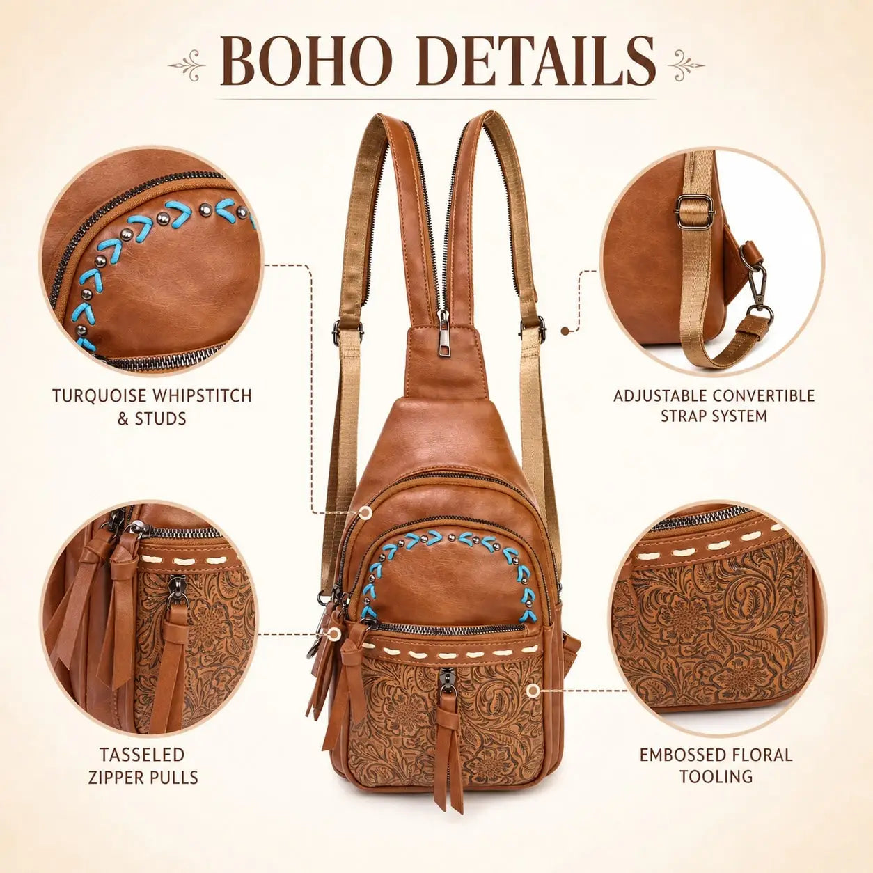 2-Way Wear Sling Boho Western Print Convertible Backpack
